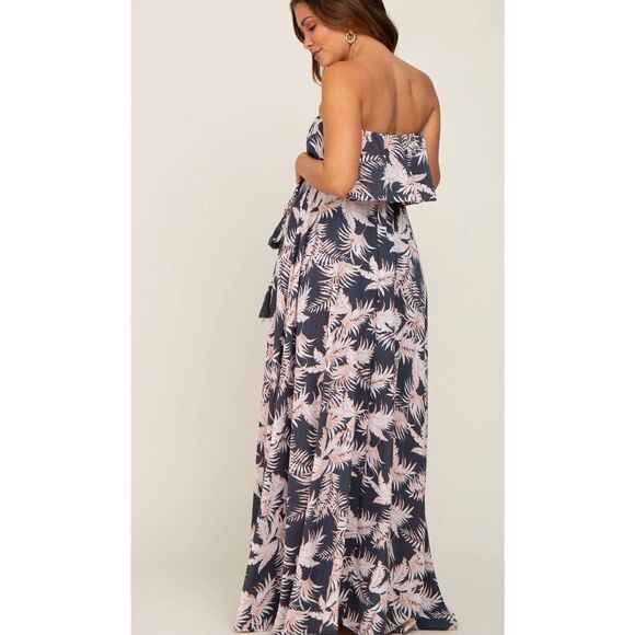 PinkBlush Charcoal Leaf Print Strapless Front Tie Maternity Maxi Dress Nwt Mediu - Picture 9 of 10